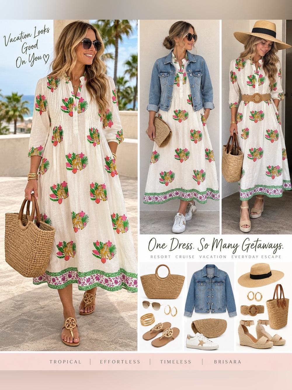 Brisara Tiger Tropical Cotton Midi Dress M Resort Cruise Vacation Boho medium